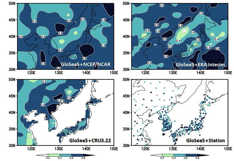 Point-by-point correlation coefficients between summer (JJA) precipitation anomalies from 4 different sets of reanalysis or station data (CMAP, ERA, CRU, and station) and the CCA model outputs for the period 1982∼2008.