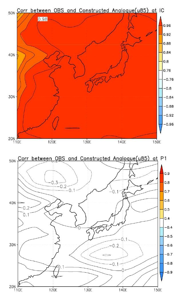 Correlation map between monthly observation and CA prediction for the 850-hPa zonal wind (u85). A diagnosis is shown at the top and one lead forecast is shown at the bottom.