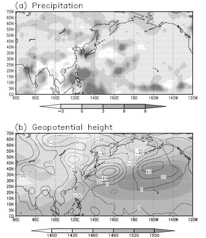 Averaged fields in the period July 6-10, 2011 for (a) GPCP (Global Precipitation Climatology Project) precipitation anomaly (mm day −1), and (b) geopotential height anomaly at 850-hPa (contour, gpm).