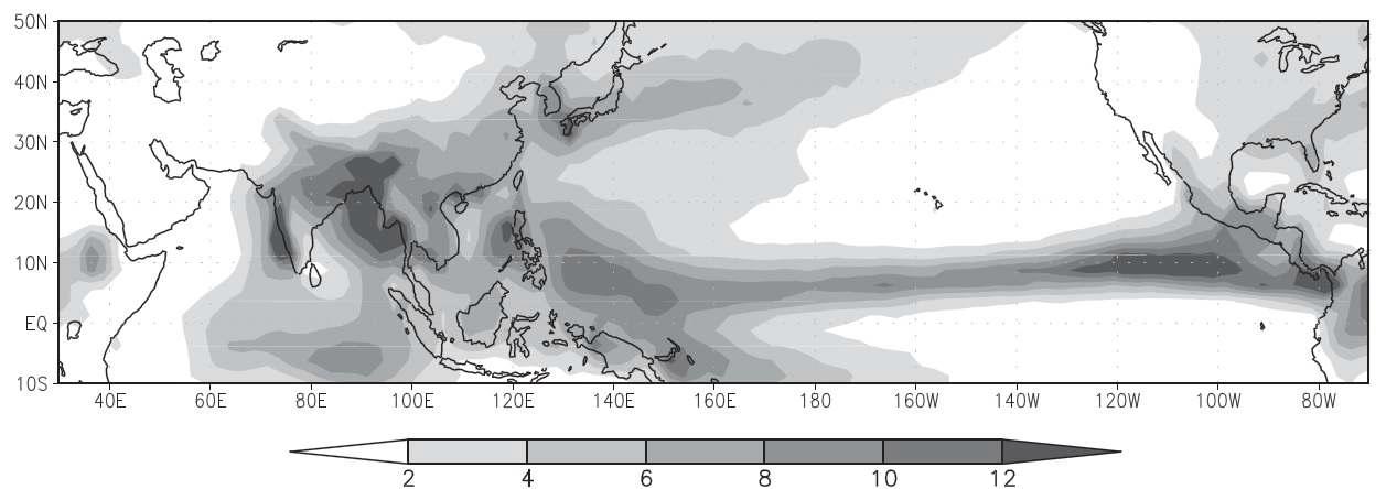 Climatological mean precipitation data from the GPCP (mm day-1) for the rainy changma season in the Korean Peninsula (15 June– 29 July) during 1994– 2011.