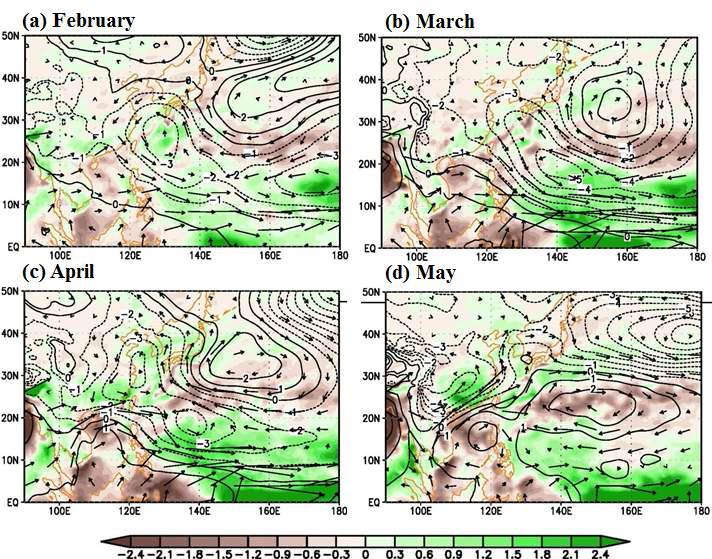 Anomalies fields of 850-hPa geopotential height (contour, intervals of 1 gpm) , 850-hPa moisture flux(vector, units of m/s) and precipitation(color, mm/day) from the KMA dynamical model (the initial condition of (a) february, (b) march, (c) april and (d) may, respectively).