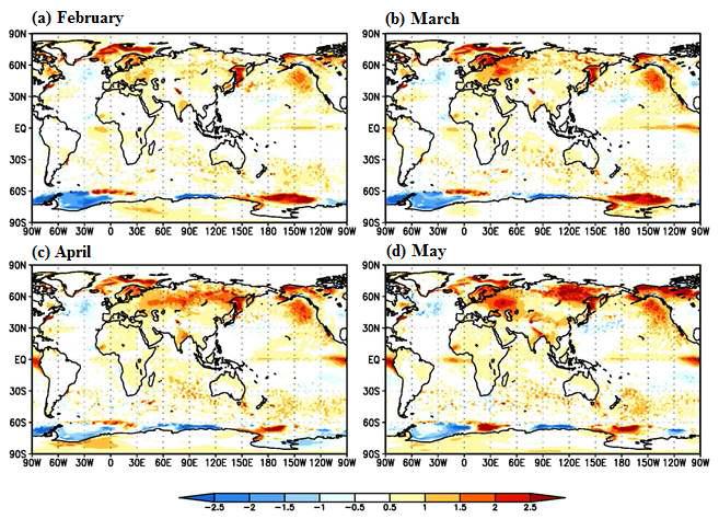 Skin temperature anomalies maps from the KMA dynamical model(the initial condition of (a) february, (b) march, (c) april and (d) may, respectively).