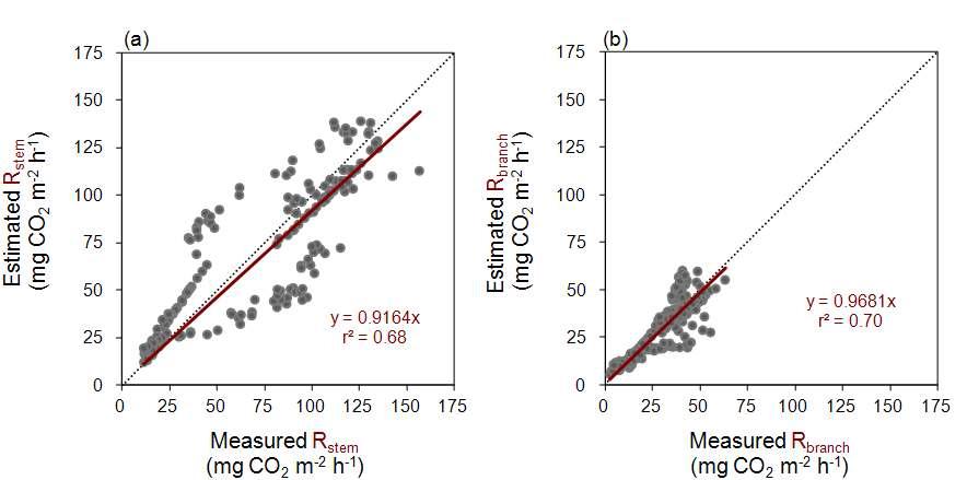 Scatter plots of (a) stem and (b) branch respirations (mg CO2 m-2 h-1) of the measured and the estimated by the optimal regression equation using Ts with a linear optimal regression equation. Data are obtained in the Q. mongolica forest at the same site from April to December.