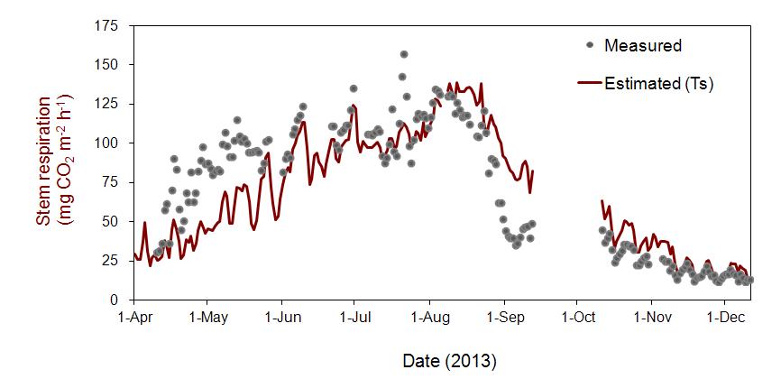 Seasonal variations of measured stem respiration (Rstem; mg CO2 m-2 h-1, close circle), and estimated by the optimal regression equation (mg CO2 m-2 h-1, brown solid line) constructed by stem temperature for the experimental period from April to December in a Q. mongolica forest at the ecological experimental site.