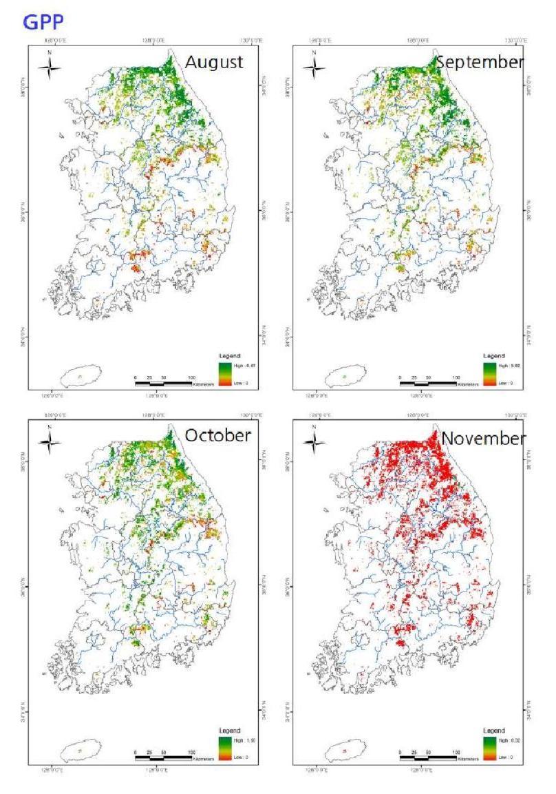 Distributions of GPPs (August-November) for Quercus mongolica forests in South Korea.