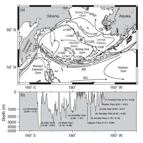 Map showing (a) the location of IODP Expedition 323 Site U1343 and other drilled sites, the modern sea-ice edge in February (Cavalieri et al., 1996), and surface water circulation, and (b) cross section of the passages along the Aleutian Islands. Numbers in parenthesis are the model-calculated volume flux of northward (positive) and southward (negative) flow at each passage (Kinney and Maslowski, 2012). BSC: the Bering Slope Current, AS: the Alaskan Stream, SC: the subarctic current. Note that corresponding numbers (1) to (7) in both map and cross section indicate the location of major passages between the Bering Sea and the North Pacific.