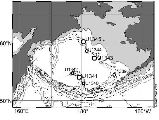 Locations of IODP Expedition Sites U1341, U1343, and U1345 in the Bering Sea. The light gray area represents the exposed land to the atmosphere during the glacials when the sea level dropped -100 m relative the present.
