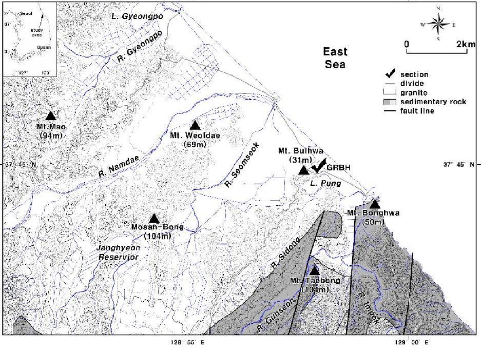 Topographical and geological settings around the section studied (GRBH). Geological boundaries are