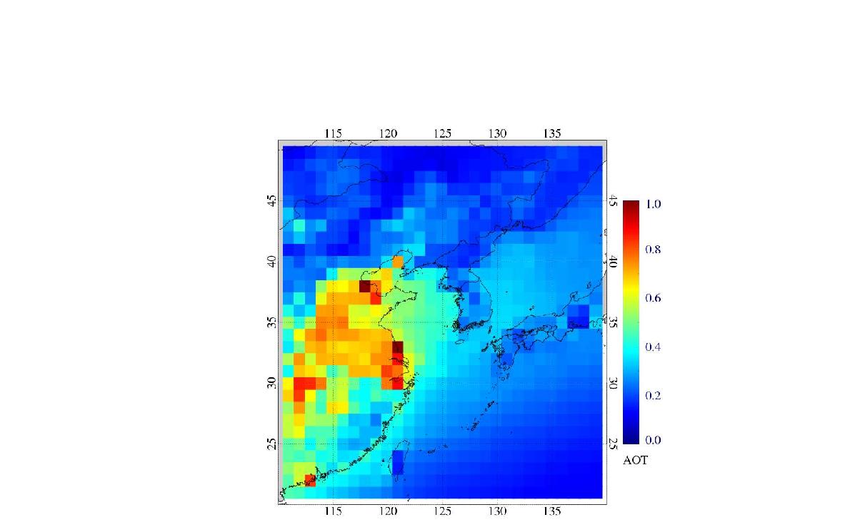 2000-2014년 기간 동안의 Terra MODIS level 3 AOT 평균 분포.