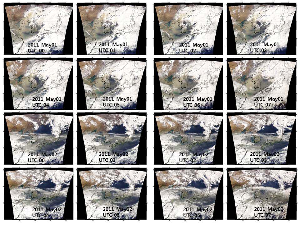 황사 발생 기간(2011년 5월 1-2일 UTC 00 - 07) GOCI RGB 칼라 합성 영상.