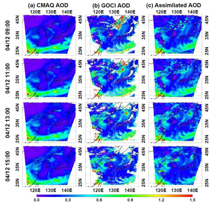 그림 5과 동일. 단, 본 그림은 2011년 4월 12일 non-LRT event 자료임. 주요 AOD plume이 한반도나 일본이 아닌 북서 태평양을 이동하므로 non-LRT event로 분류함.