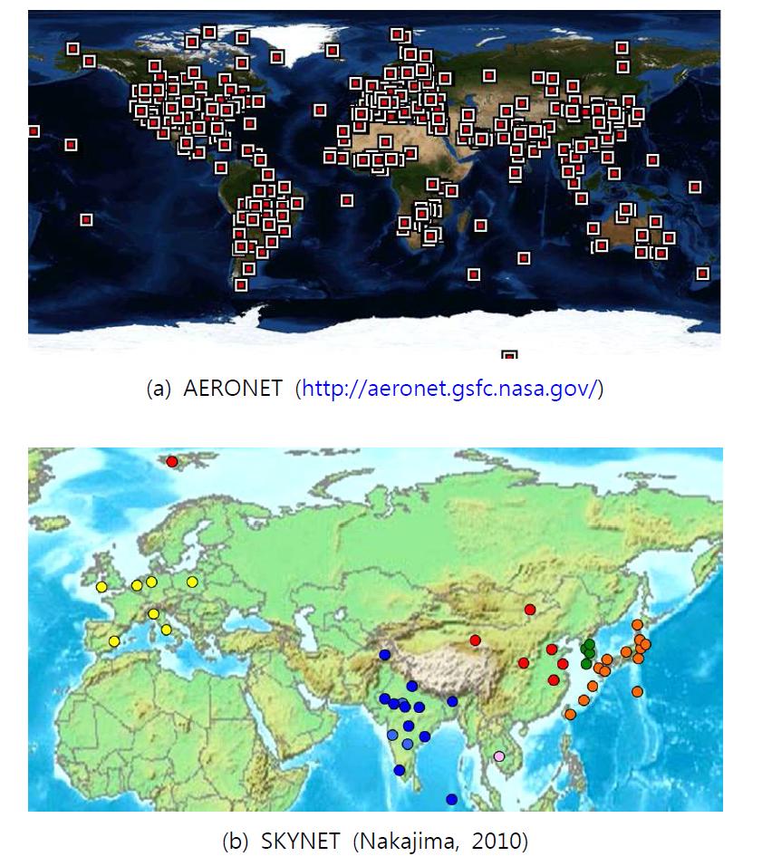 AERONET과 SKYNET의 측정소 분포