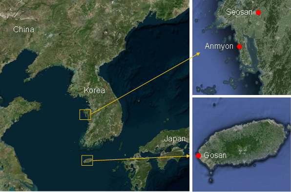 안면과 고산 AERONET 사이트 위치. 오른쪽 두 개 그림의 위도 경도 모두 1도 크기. 서산 기상대는 안면으로부터 북동쪽으로 30.3 km 떨어짐