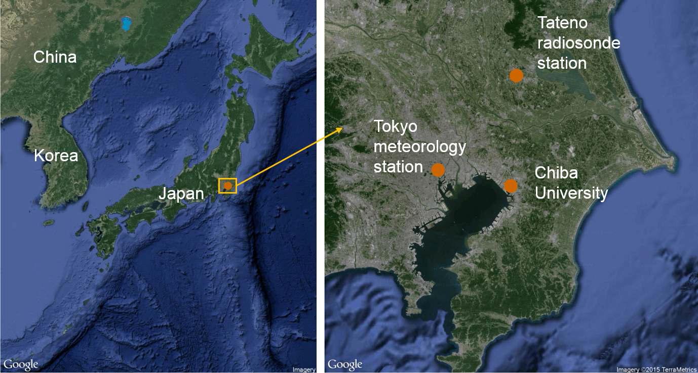 기기 설치된 일본 Chiba 대학교의 위치. 기온의 연직분포는 Tateno의 자료를, 황사발생은 동경기상대 발표를 이용.