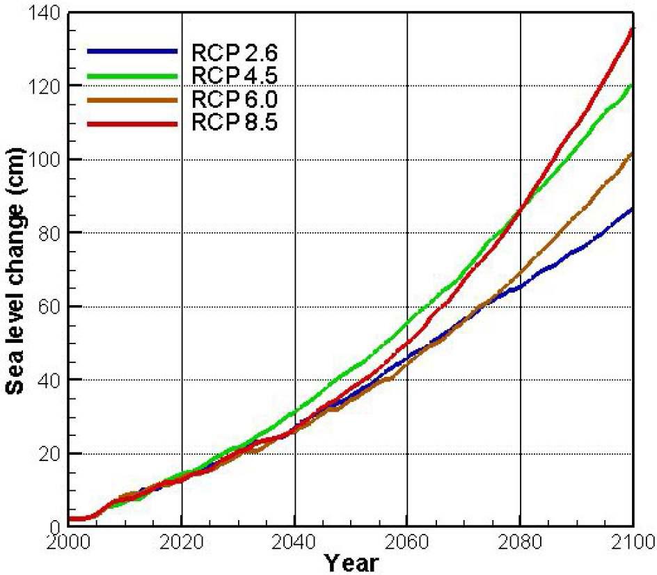 RCP 4개 시나리오에 기반한 연도별 평균 해수면 상승치