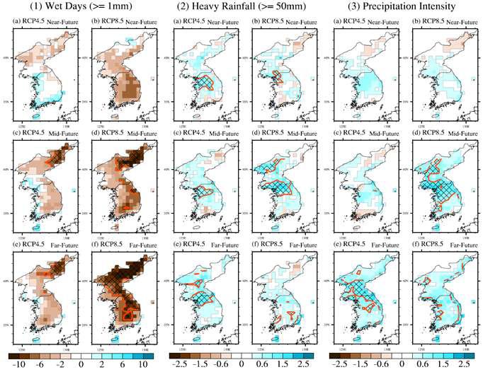 Future change of extreme precipitation indices (wet days, heavy rainfall days and consecutive dry days) in near-future (2010-2039), mid-future (2040-2069) and far-future (2070-2099) relative to current (1979-2005) over Korean peninsula based on two RCP scenarios (RCP8.5 and RCP4.5).
