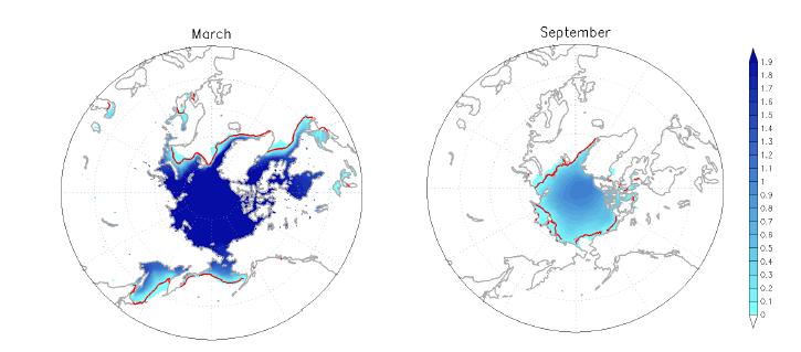 Spatial distribution of Sea ice thickness (unit: m) of present-day climate simulation during 1979-2009 in the Northern Hemisphere for March (left) and September (right). The red line is observed 15% concentration boundary of HadlSST.