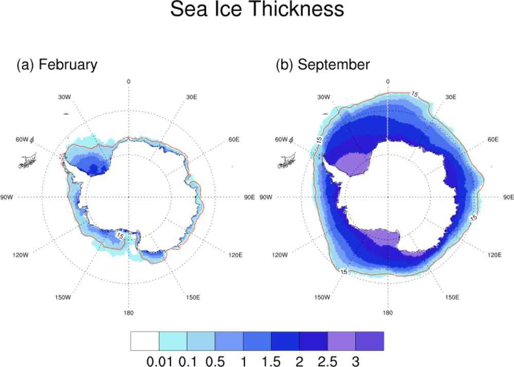 Spatial distribution of Sea ice thickness (unit: m) of present-day climate simulation during 1979-2009 in the Southern Hemisphere for March and September. The red line is observed 15% concentration boundary of HadlSST.