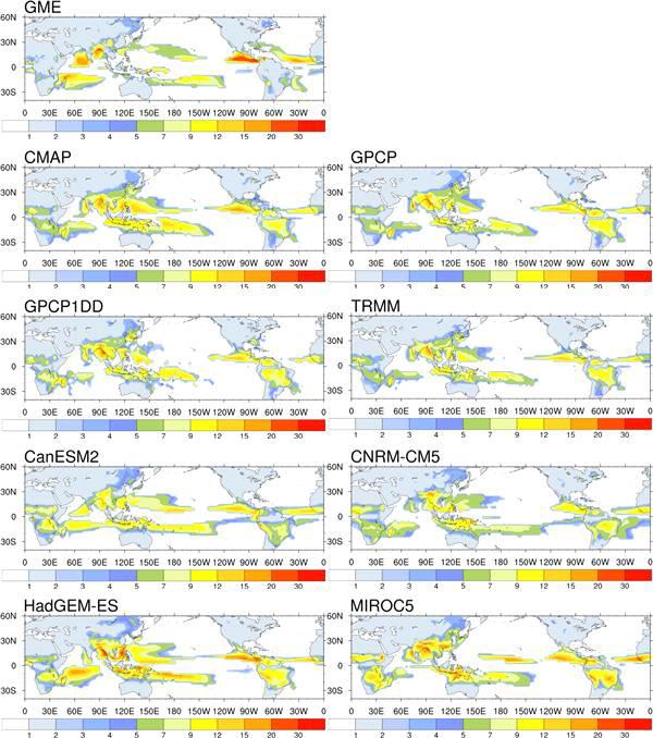 Global monsoon precipitation (GMP) for GME model, observation (CMAP, GPCP, GPCP1DD and TRMM) and 4 CMIP5 model. GMP is defined as total summer monsoon rainfall falling in the monsoon domain (GMA).