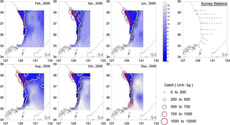 Catches were superimposed over the distribution map of seawater temperature (℃) at 100 m from February to December in 2006. The yellow line shows the 4℃ isotherm.