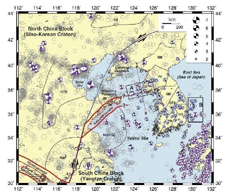 황해 주위에서 발생한 지진들의 단층면해. 역산을 통해 얻어진 단층면해가 파란 색상 으로 표현되어 있다. 다른 자료원에서 얻은 단층면해들 (보라색)이 취합되어 나타나 있다. 단층 면해가 알려져 있지 않은 지진들은 회색 원으로 나타나 있다. 선  는 그림 3-8에서 지구조 적 모델을 나타낸 단면을 지표면에 정사영한 것이다. 일본 열도 주위의 판 내부 지역들이 초록 색상의 선으로 표현되어 있다. 이 지역에서 주향 이동 단층 지진이 우세하게 발생한다. 주요한 지질구조들이 표시되어 있다. 특징적인 정단층 지진들이 황해 중부 (A 지역)와 북중국 분지 (NCB)의 북부에서 관찰된다. 역단층 지진들은 한반도의 동해안 (B 지역)에 밀집되어 있다.