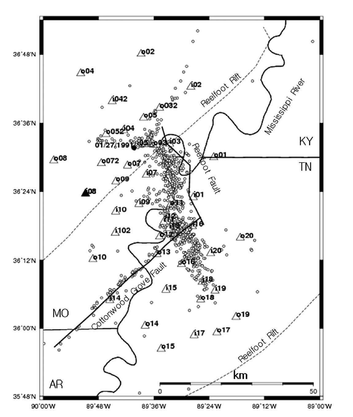 Locations of Portable Array For Numerical Data Acquisition (PANDA) stations (triangles) that recorded the data used in this study (AR, Arkansas; KY, Kentucky; MO, Missouri; TN, Tennessee).