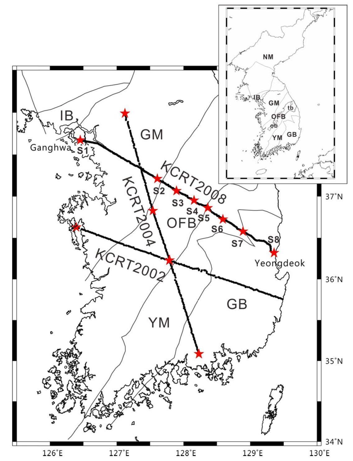 Locations of crustal-scale seismic profiles lines KCRT2002, KCRT2004 and KCRT2008 in the southern korean peninsula.