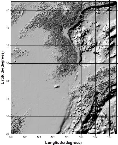 Combined topographic relief map for terrain correction.