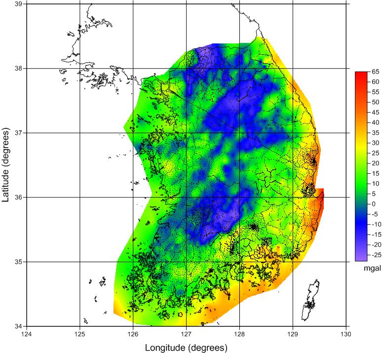 Bouguer anomaly in the southern Korean peninsula area.