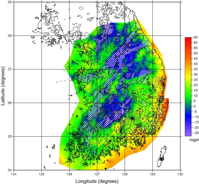 Overlay of granite areas (hatched areas) on Bouguer anomaly map in the southern Korean Peninsula area.