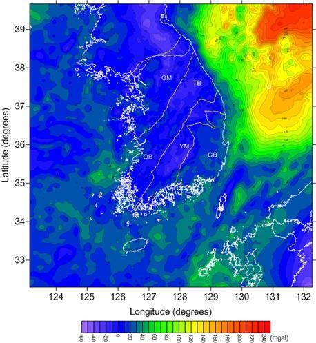 Bouguer anomaly map in the southern Korean Peninsula area.