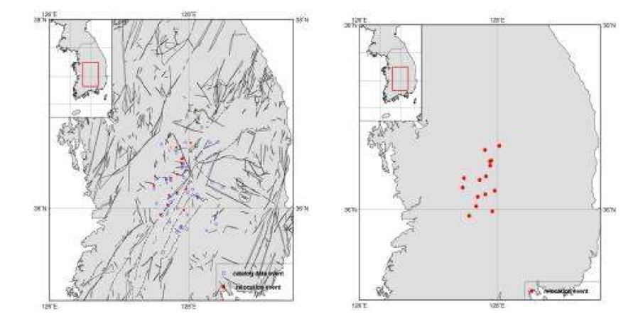 Relocated Epicenters for Okcheon folded belt and Yeongnam massif Area, WDCT Value 50.