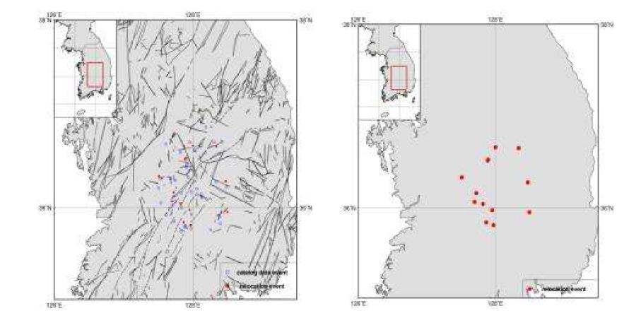 Relocated Epicenters for Okcheon folded belt and Yeongnam massif Area, 1-D Velocity Model Chang and Baag(2006).