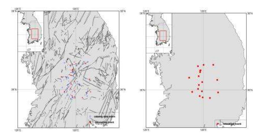 Relocated Epicenters for Okcheon folded belt and Yeongnam massif Area, 1-D Velocity Model Kim and Chung(1983).