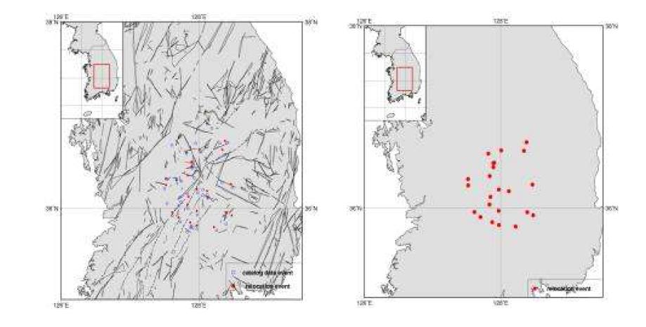 Relocated Epicenters for Okcheon folded belt and Yeongnam massif Area, 1-D Velocity Model Kim and Kim(1983).