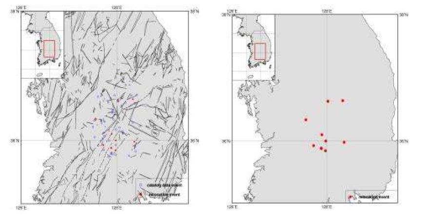 Relocated Epicenters for Okcheon folded belt and Yeongnam massif Area, 1-D Velocity Model Kim Woohan(1999).