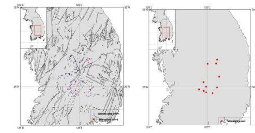 Relocated Epicenters for Okcheon folded belt and Yeongnam massif Area, 1-D Velocity Model Lee(1979).