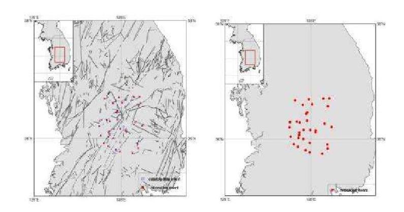 Relocated Epicenters for Okcheon folded belt and Yeongnam massif Area, WRCT Value 0.4, 1-D Velocity Model Chang and Baag(2006).