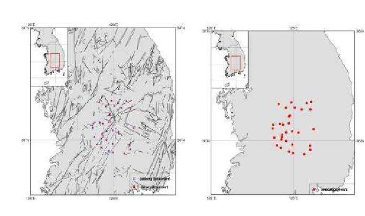 Relocated Epicenters for Okcheon folded belt and Yeongnam massif Area, WRCT Value 0.6, 1-D Velocity Model Chang and Baag(2006).