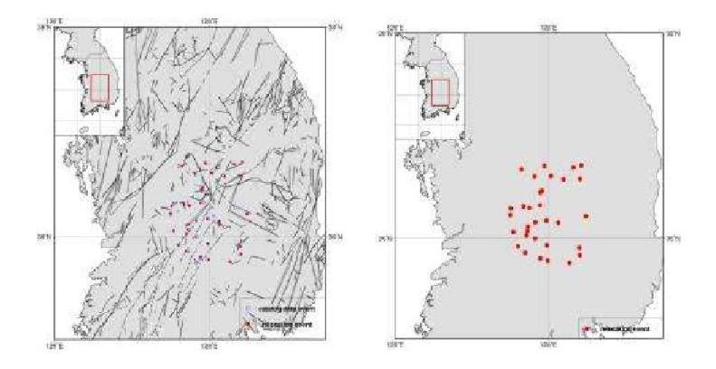 Relocated Epicenters for Okcheon folded belt and Yeongnam massif Area, WRCT Value 0.7, 1-D Velocity Model Chang and Baag(2006).