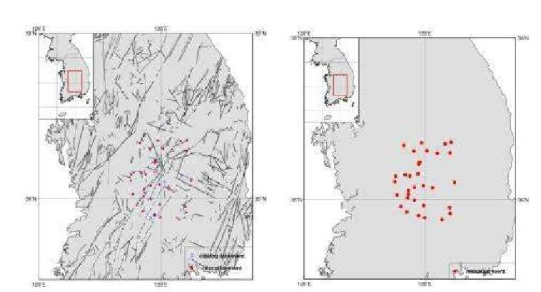 Relocated Epicenters for Okcheon folded belt and Yeongnam massif Area, WRCT Value 0.8, 1-D Velocity Model Chang and Baag(2006).