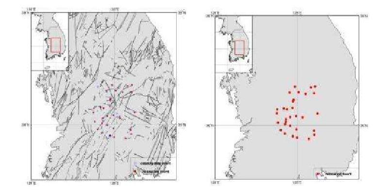 Relocated Epicenters for Okcheon folded belt and Yeongnam massif Area, WRCT Value 0.9, 1-D Velocity Model Chang and Baag(2006).