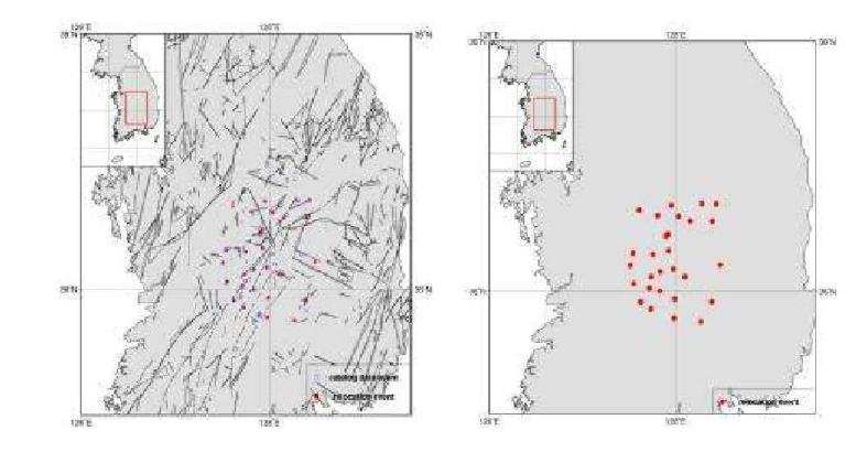 Relocated Epicenters for Okcheon folded belt and Yeongnam massif Area, WRCT Value 0.4, 1-D Velocity Model Kim and Chung(1983).