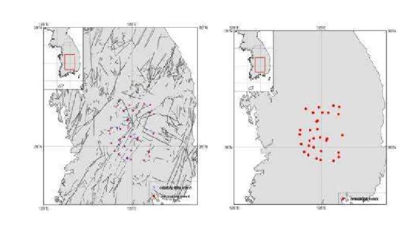 Relocated Epicenters for Okcheon folded belt and Yeongnam massif Area, WRCT Value 0.5, 1-D Velocity Model Kim and Chung(1983).