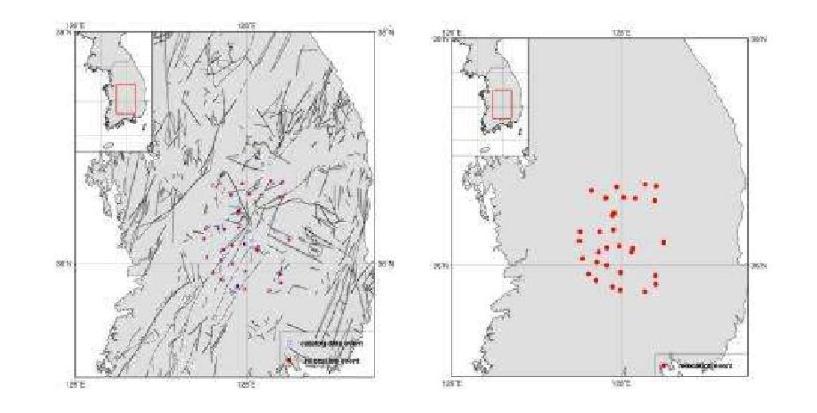 Relocated Epicenters for Okcheon folded belt and Yeongnam massif Area, WRCT Value 0.6, 1-D Velocity Model Kim and Chung(1983).