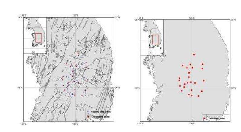 Relocated Epicenters for Okcheon folded belt and Yeongnam massif Area, WRCT Value 0.7, 1-D Velocity Model Kim and Chung(1983).