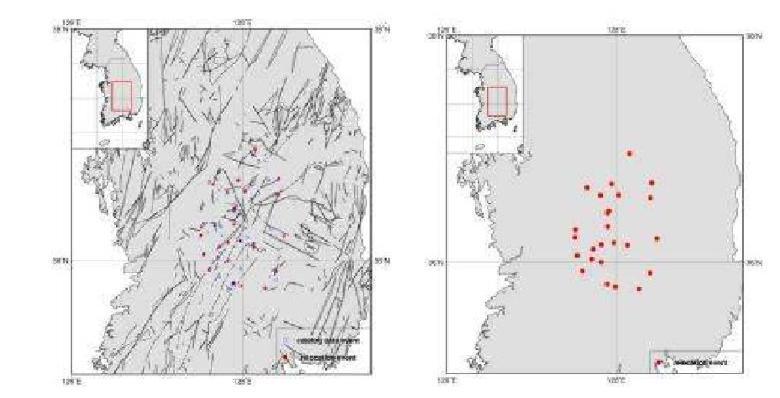 Relocated Epicenters for Okcheon folded belt and Yeongnam massif Area, WRCT Value 0.8, 1-D Velocity Model Kim and Chung(1983).