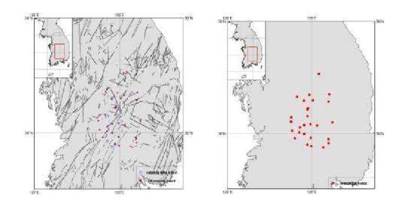 Relocated Epicenters for Okcheon folded belt and Yeongnam massif Area, WRCT Value 0.9, 1-D Velocity Model Kim and Chung(1983).