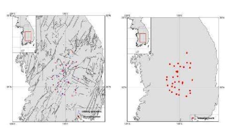 Relocated Epicenters for Okcheon folded belt and Yeongnam massif Area, WRCT Value 0.3, 1-D Velocity Model Kim and Kim(1983).