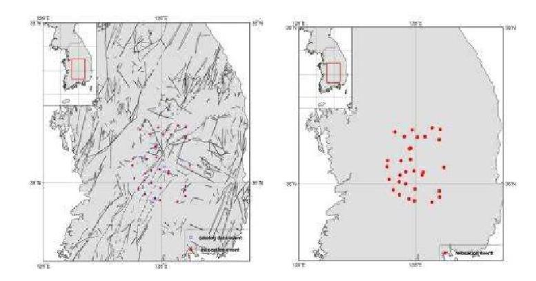 Relocated Epicenters for Okcheon folded belt and Yeongnam massif Area, WRCT Value 0.4, 1-D Velocity Model Kim and Kim(1983).